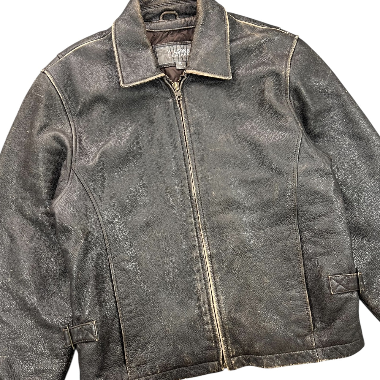 Vintage Wilson’s Leather Distressed Brown Leather Biker Moto Jacket Men’s Small Quilted Lining