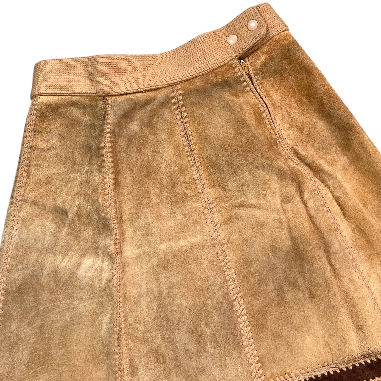 Vintage 60s 70s Suede Acrylic Knit Patchwork Leather Midi Skirt A-Line Women’s 15/16