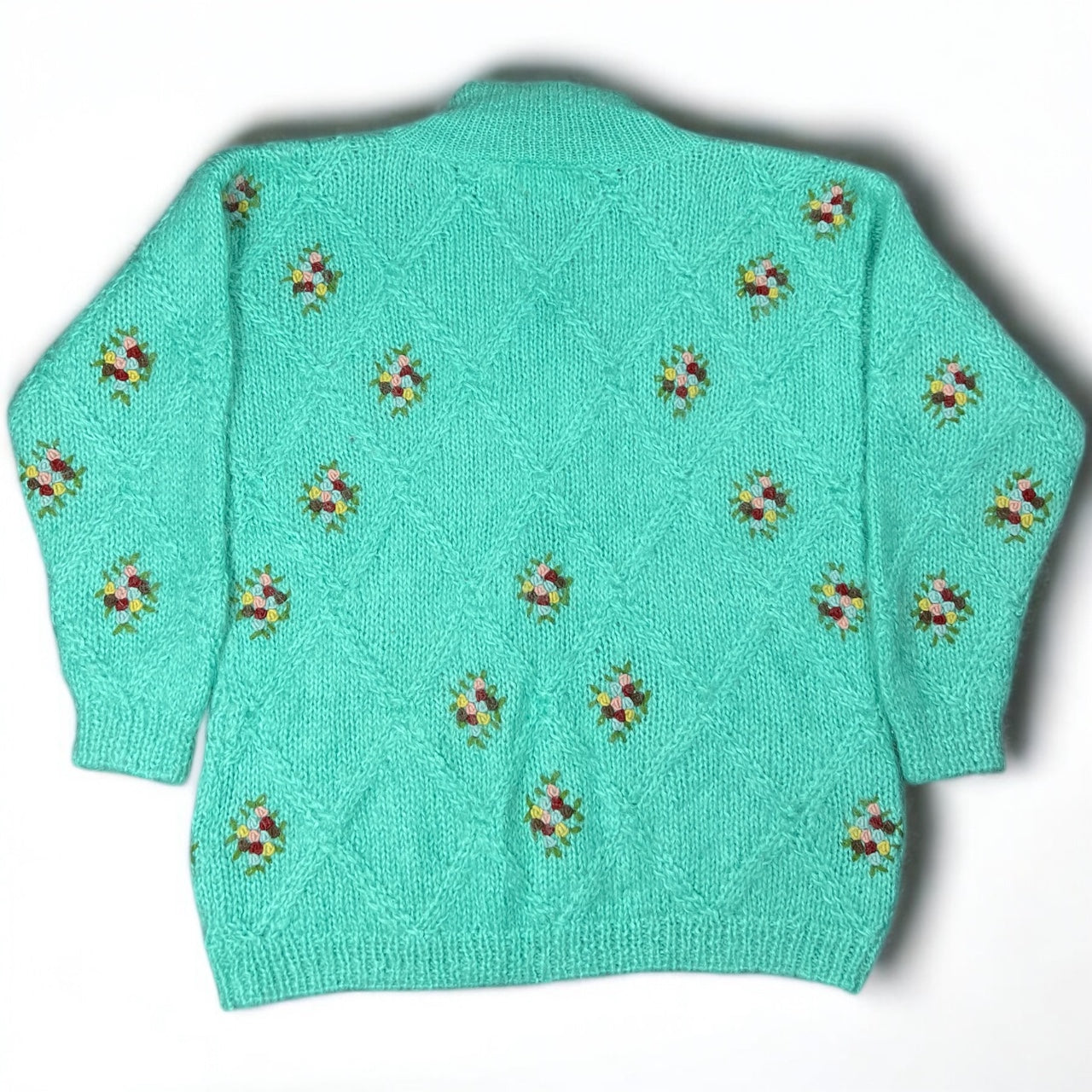 Vintage 90s Chelsea Young Wool Mohair Floral Embroidered Sweater Aqua Blue Women’s Med