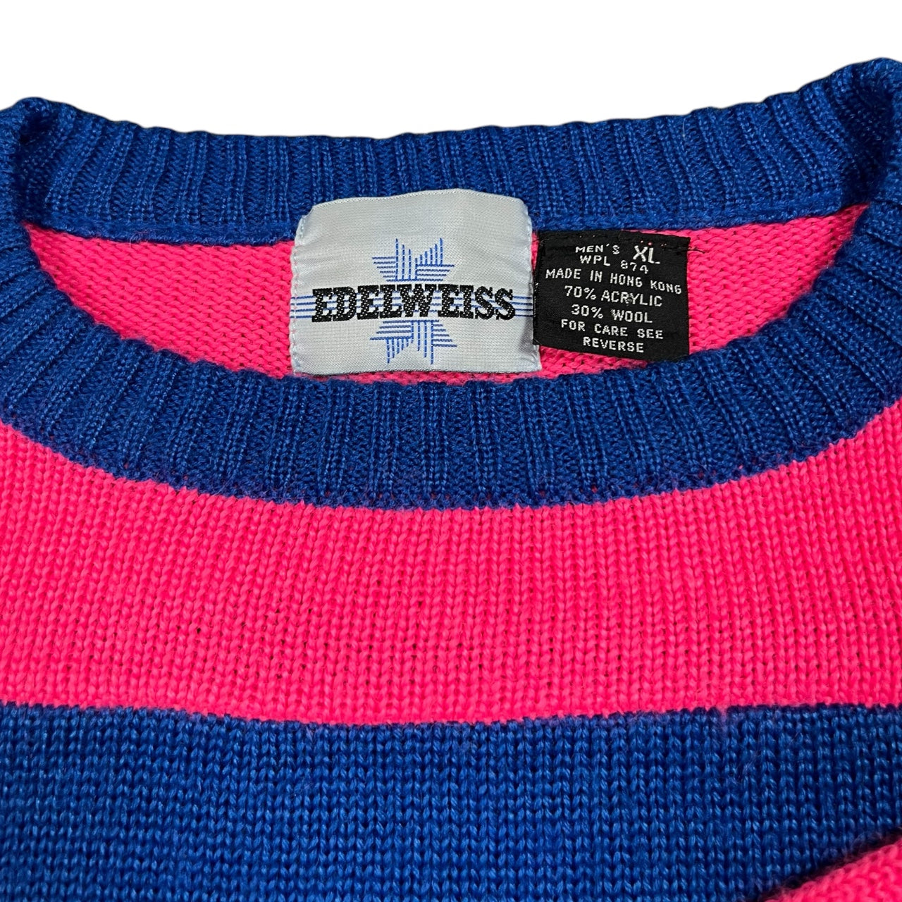 Vintage 90s Edelweiss Blue Pink Striped Acrylic Wool Blend Ski Sweater Mens XL