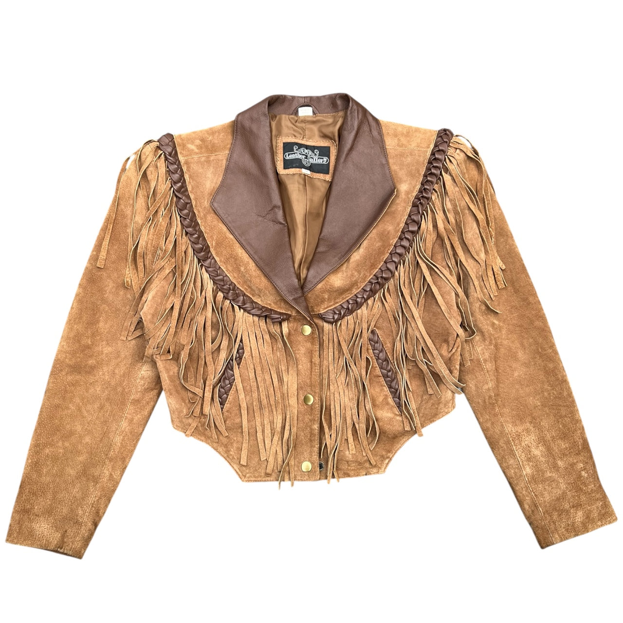 80s 90s Leather Gallery Western Suede Cropped Jacket Fringed Braided Trim Women’s Medium