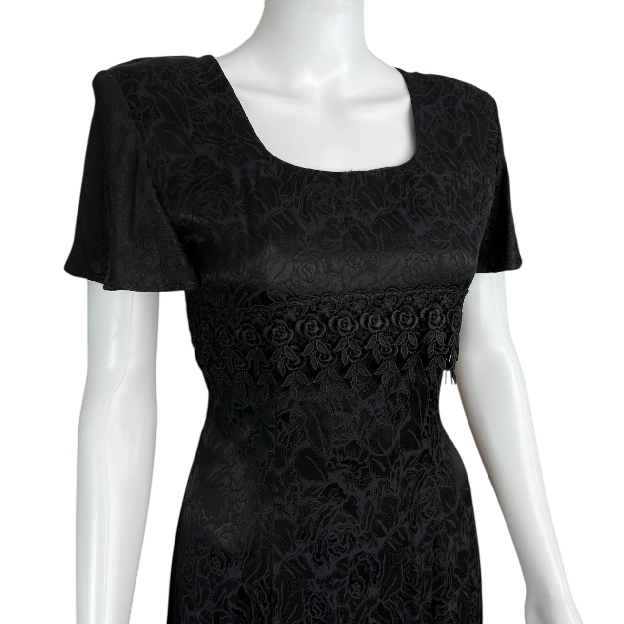 80s 90s Jody California Black Satin Jacquard Maxi Dress Criss Cross Corset Back Women’s 5 Goth Made in USA