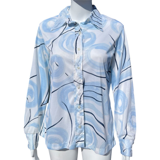 70s Sheer Abstract Print Dagger Collar Button Up Shirt Women’s 16