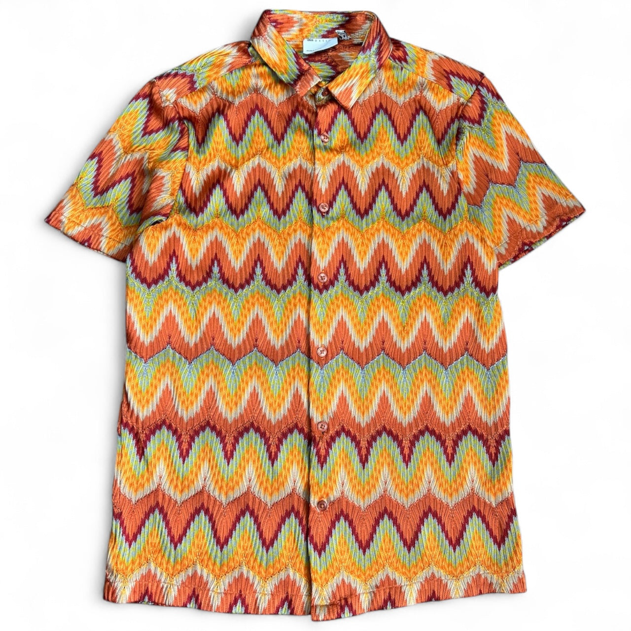 ASOS Designs Orange Green Multicolor Zig Zag Crochet Button Up Short Sleeve Shirt Men’s Med