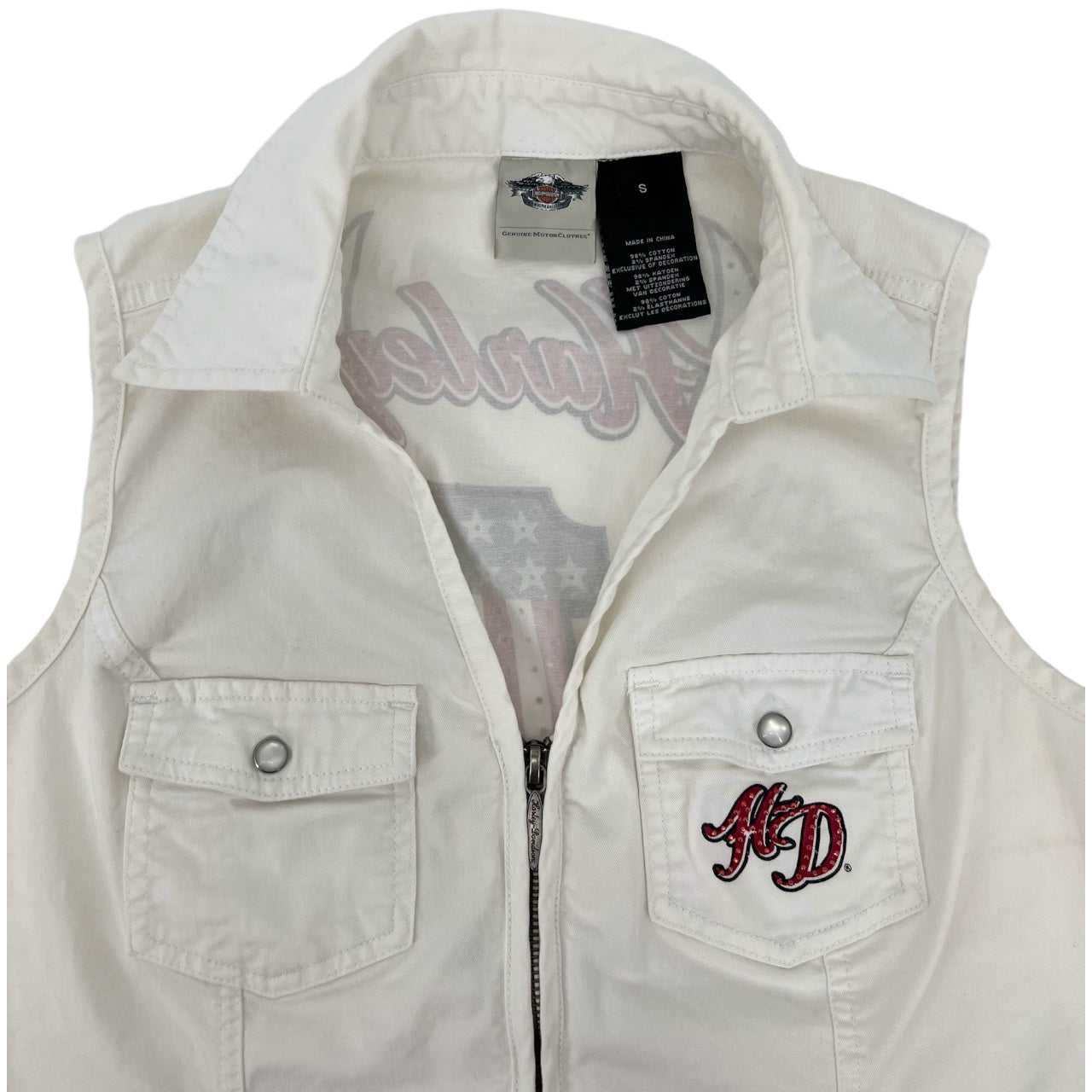 Harley Davidson Pearl Snap White Rhinestone American Flag Distressed Biker Vest Women’s Small