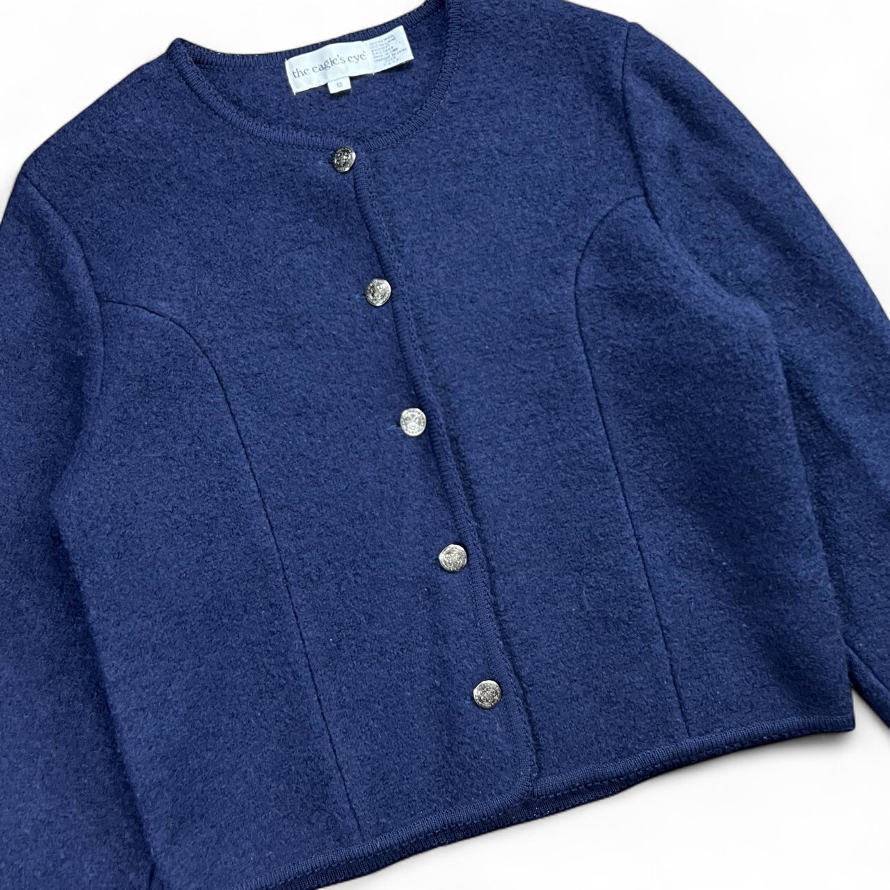90s The Eagle’s Eye Navy Blue 100% Wool Cardigan Women’s 12 Metal Buttons