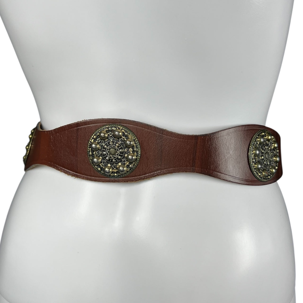 Vintage Garay Brown Genuine Leather High Waist Concho Medallion Belt Women’s Size 28