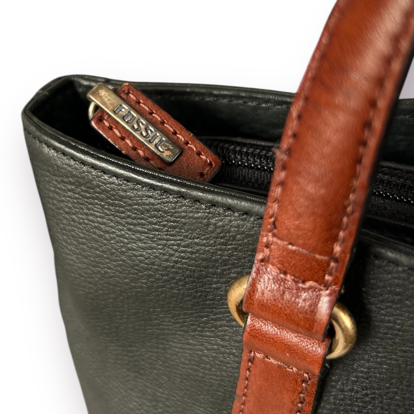 Y2K Fossil Black Pebbled Leather Shoulder Bag Brown Leather Trim Woven