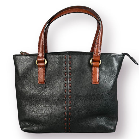 Y2K Fossil Black Pebbled Leather Shoulder Bag Brown Leather Trim Woven