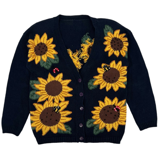 Vintage Navy Blue Sunflower Embroidered Cardigan Ladybug Floral Womens XL