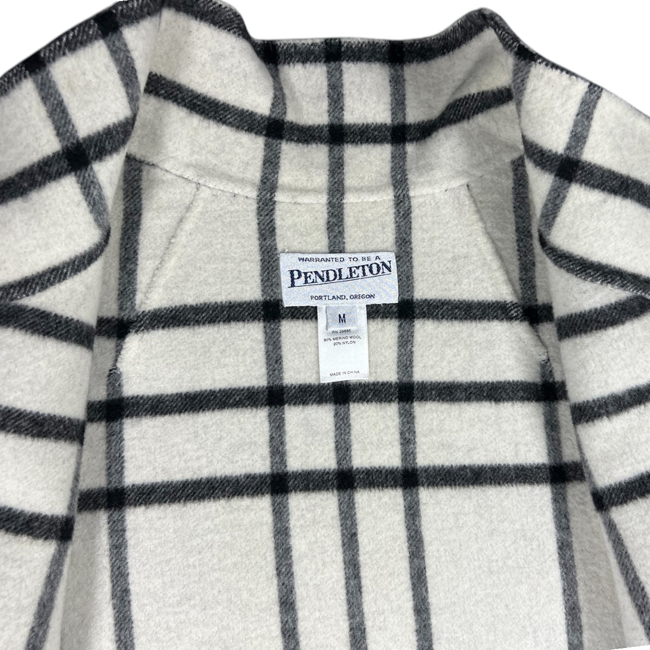 Pendleton Merino Wool Blend Black White Plaid Reversible Mid-Length Button Down Jacket Standing Collar Womens Med