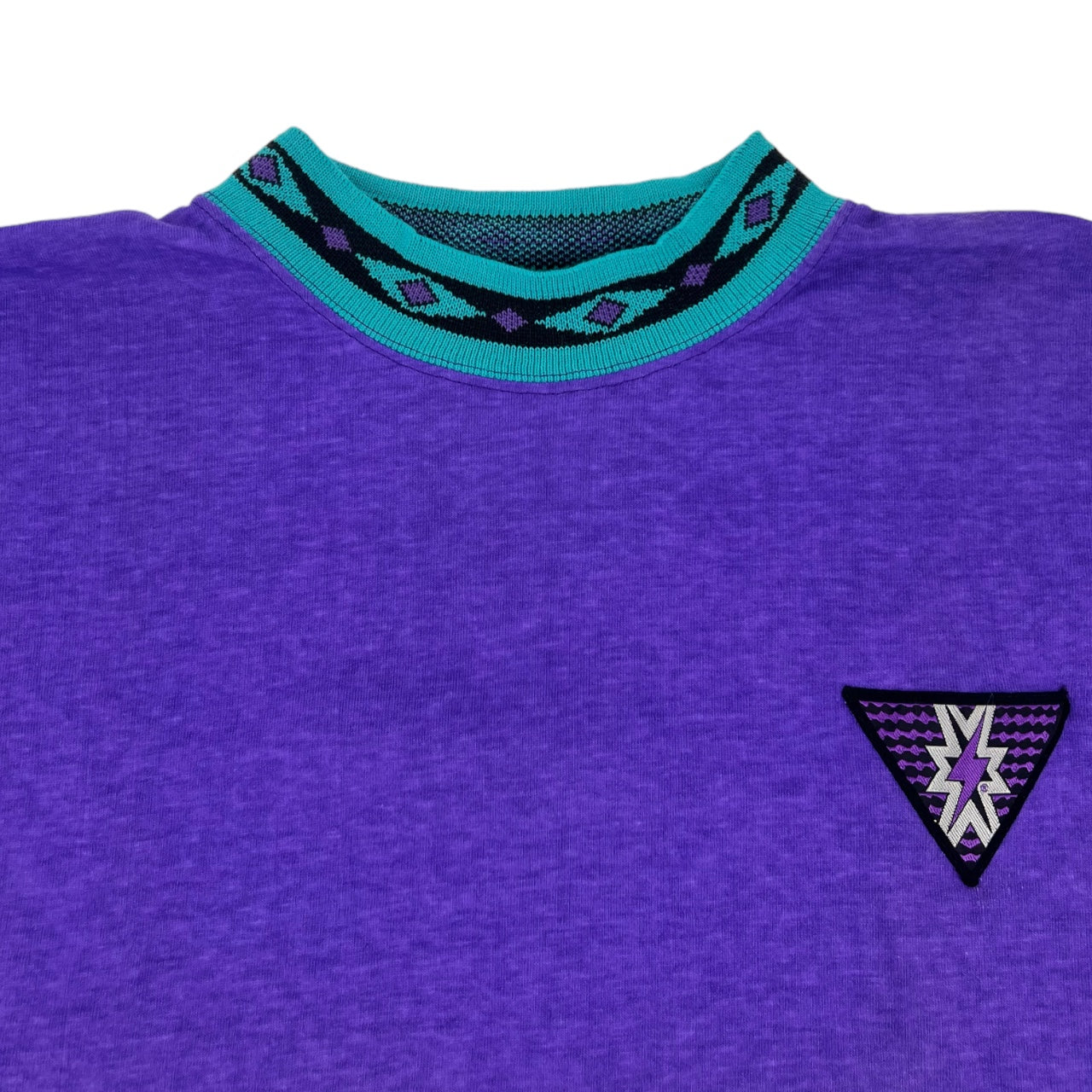 Vintage 90s Lightning Bolt International Purple Crewneck Shirt Turquoise Aztec Print Collar Mens XL