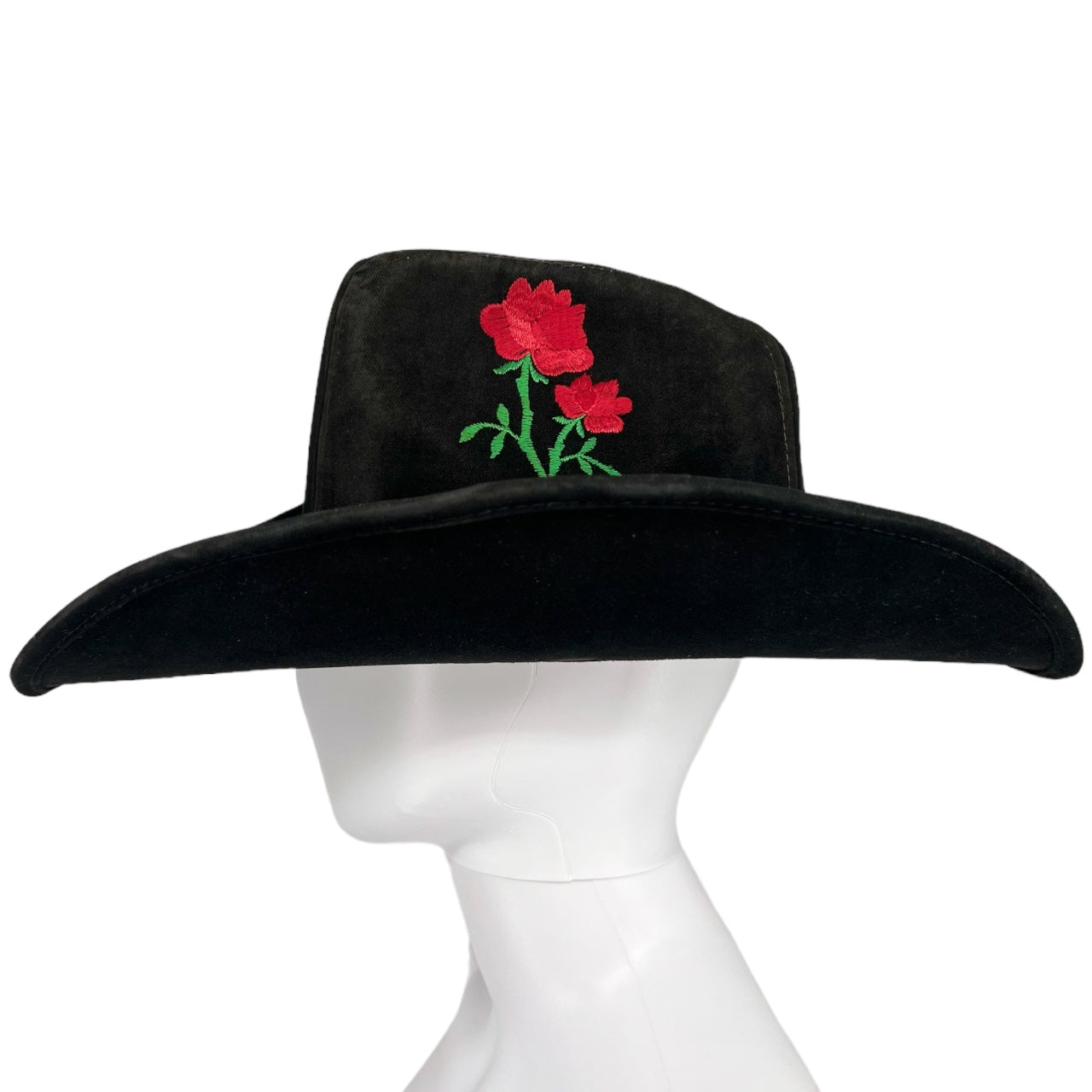 Vintage Black Suede Embroidered Floral Cowboy Hat United Hatters Cap Millinery Union Made Sz Large