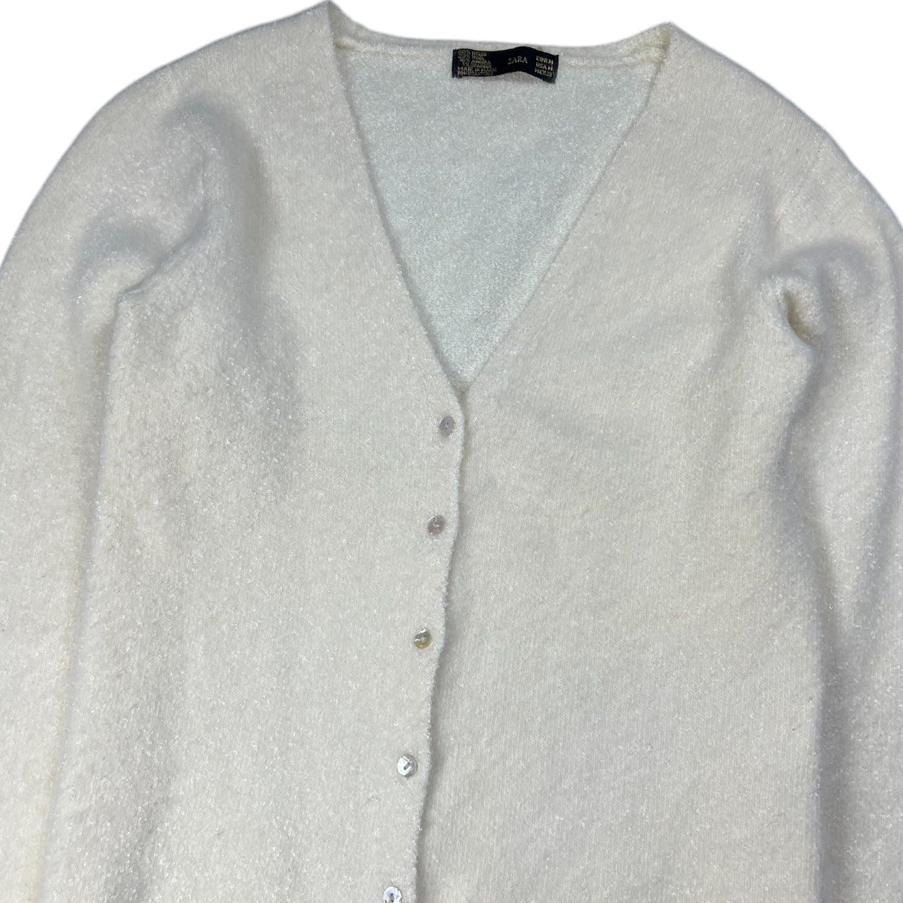 Vintage Zara Cream Longsleeve Cardigan Nylon Wool Angora Blend Women’s Medium Mother of Pearl Buttons