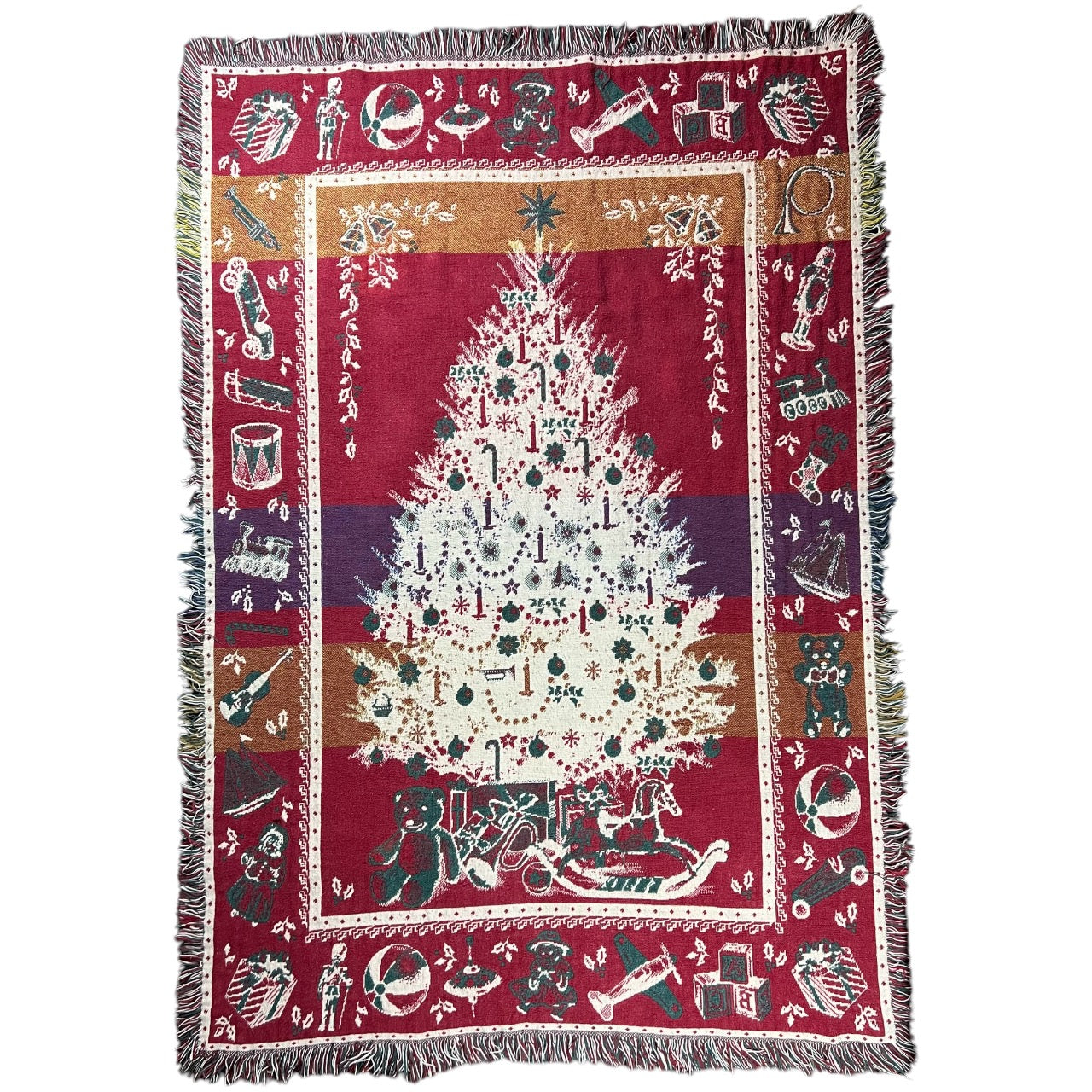 Vintage Christmas Tree Tapestry Throw Blanket Christmas Presents Stockings Toys Fringe 66” x 46”