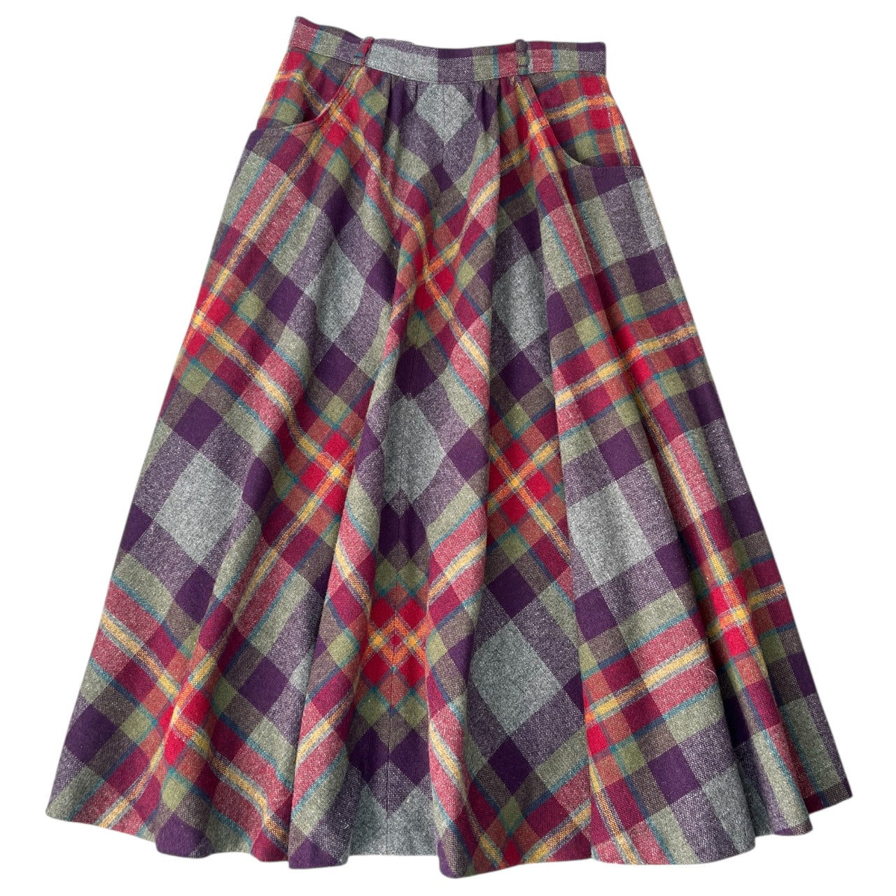 60s College Town Multicolor Plaid Midi Skirt High Waisted Women’s 7/8 XS Union Made ILGWU