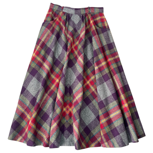 60s College Town Multicolor Plaid Midi Skirt High Waisted Women’s 7/8 XS Union Made ILGWU