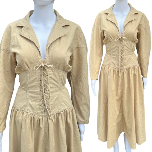 90s Fred Charles Tan Lace Up Corset Midi Dress Notch Collar Women’s 7 100% Cotton