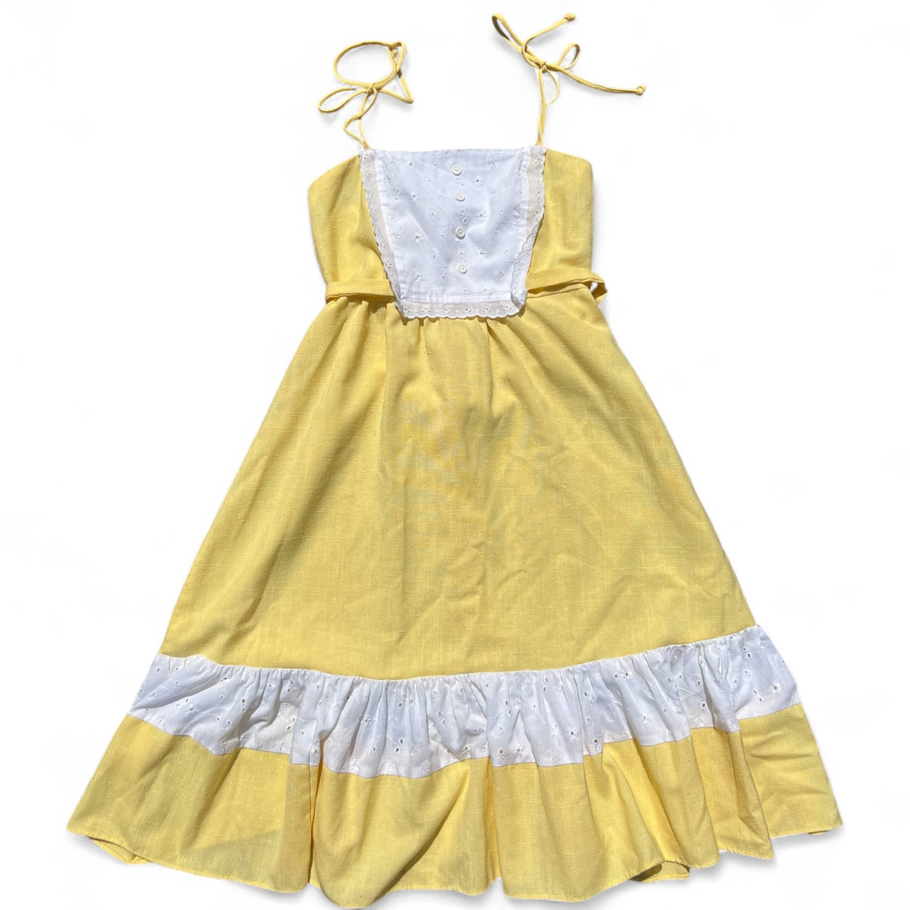 70s Handmade Yellow Eyelet Prairie Dress Midi Waist Tie Women’s M/L Made in USA