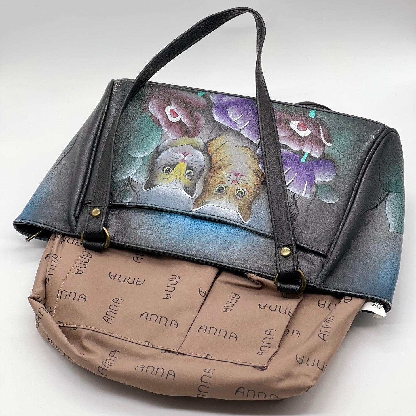 Anna by Anuschka Hand Painted Floral Cat Pebbled Leather Shoulder Tote