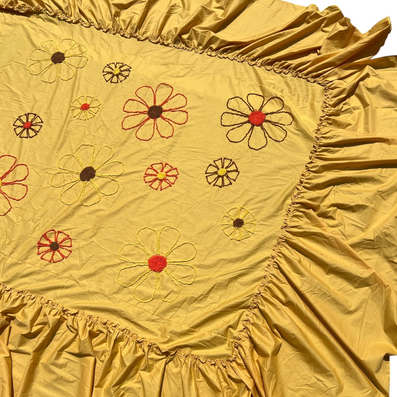 60s 70s Floral Embroidered Bedspread 86” x 53” Full Bed Cover Shag Carpet Flowers Ruffle Trim