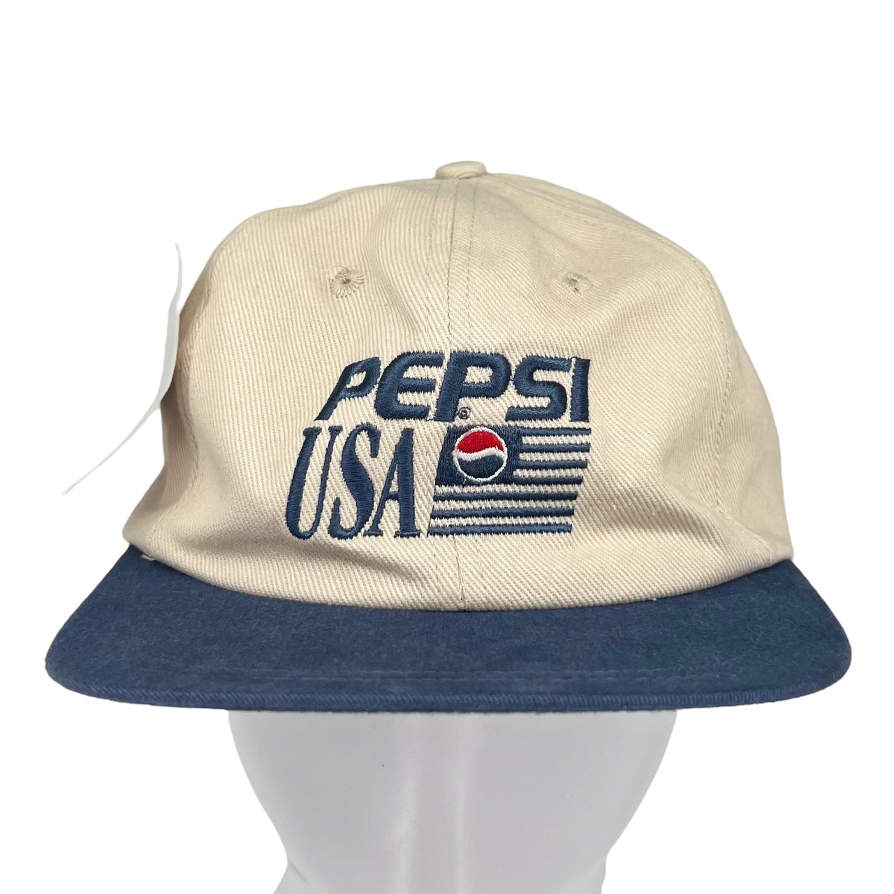 Vintage 90s NWT Pepsi USA Strapback Hat Embroidered Flag Blue White One Size