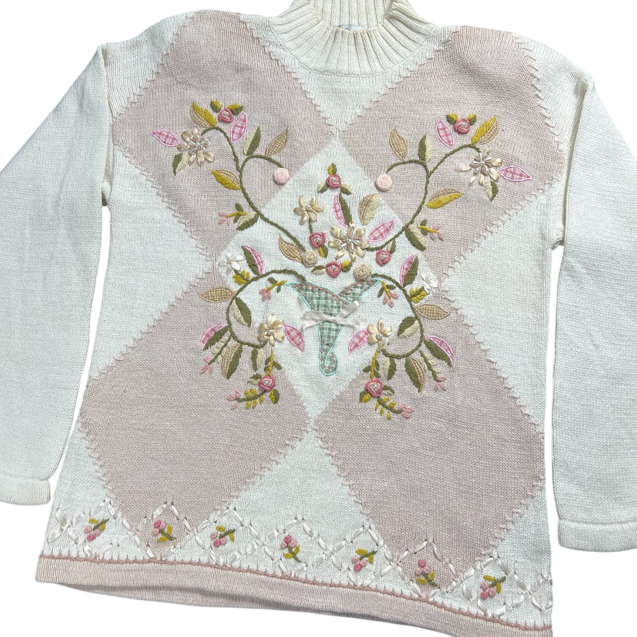 Vintage BP Designs Floral Grandma Sweater Pink Ribbon Embroidered Beaded Coquette Women’s XL