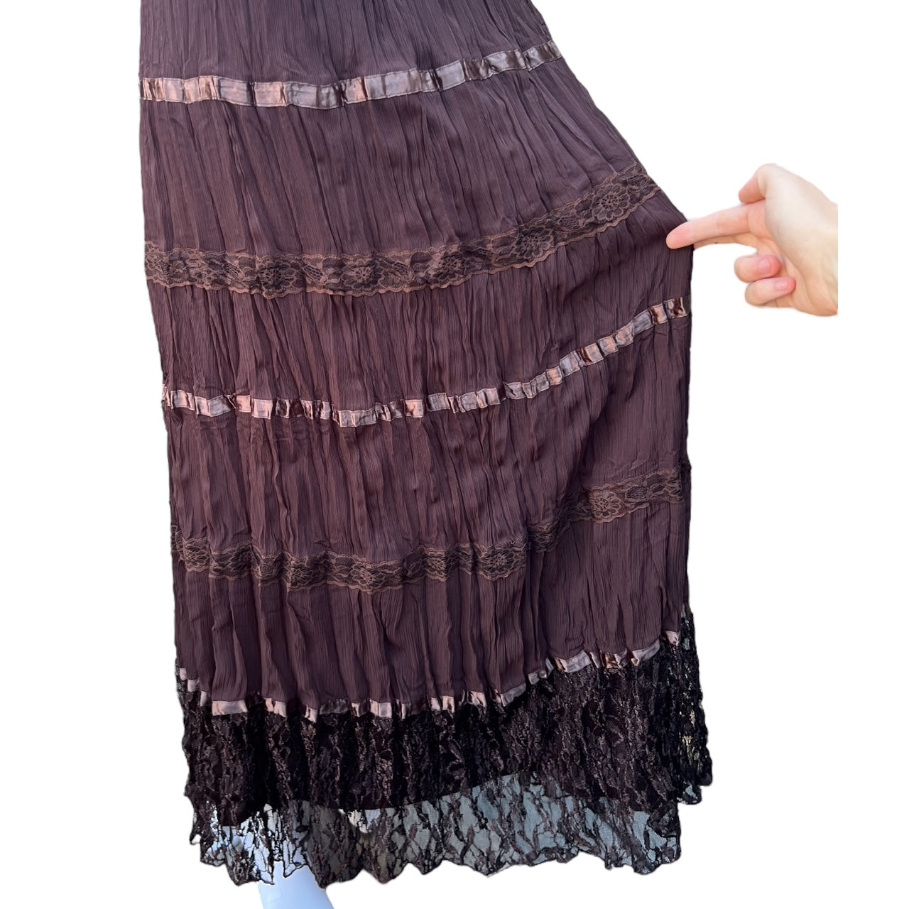 90s Y2K Brown Boho Tiered Crinkle Maxi Skirt Ribbon Floral Lace Trim Women’s 14/16W