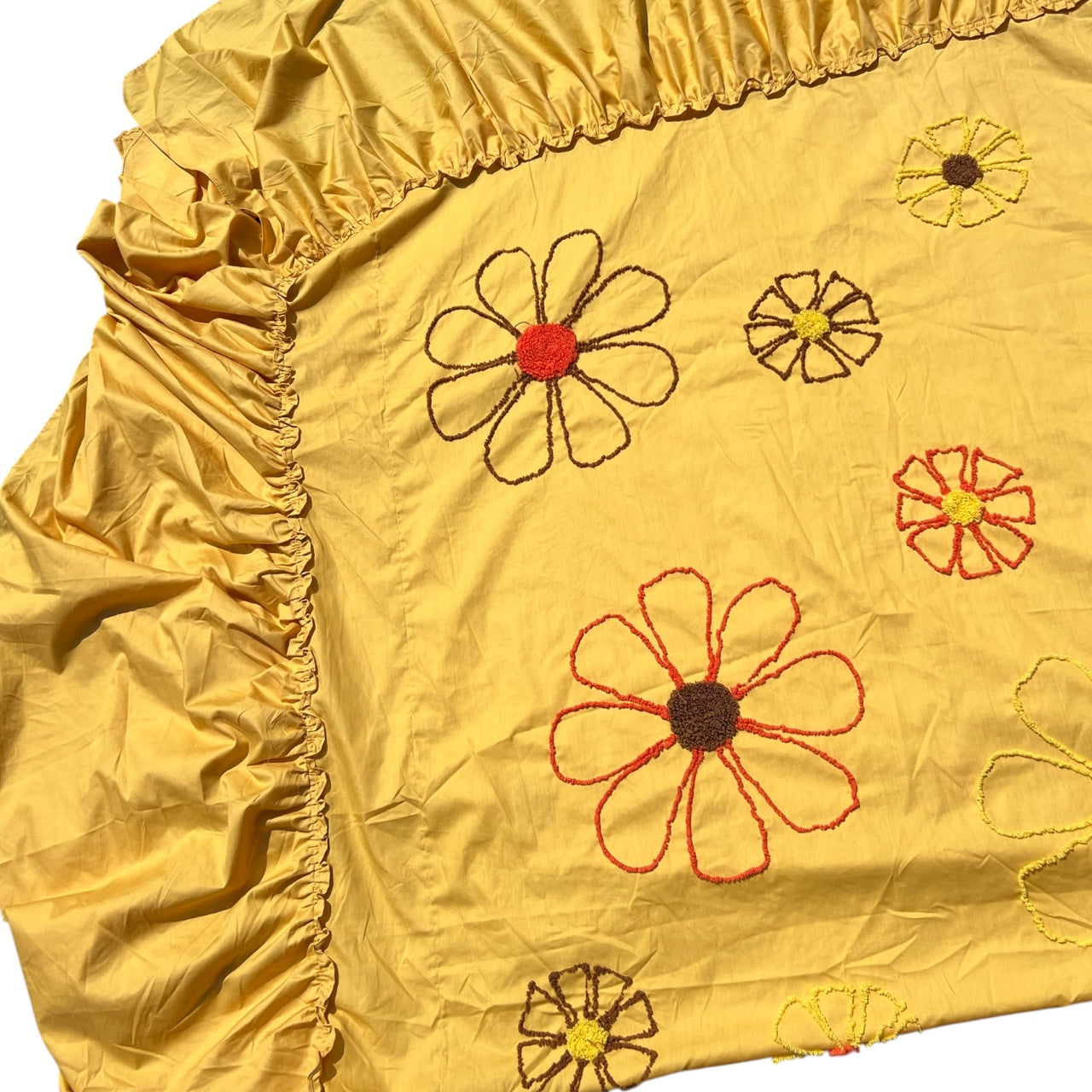 60s 70s Floral Embroidered Bedspread 86” x 53” Full Bed Cover Shag Carpet Flowers Ruffle Trim