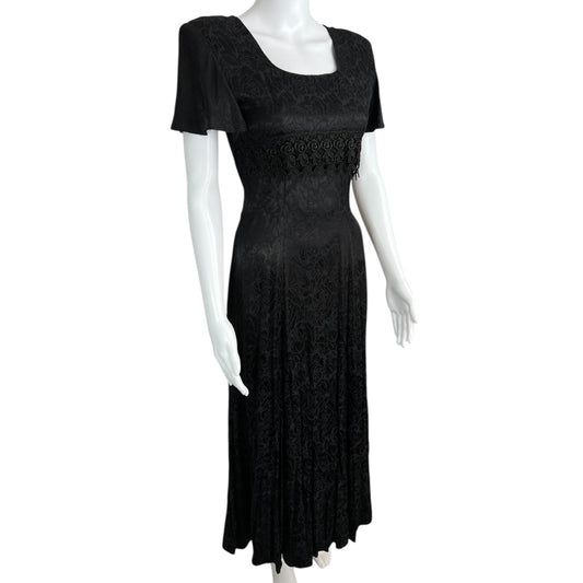 80s 90s Jody California Black Satin Jacquard Maxi Dress Criss Cross Corset Back Women’s 5 Goth Made in USA