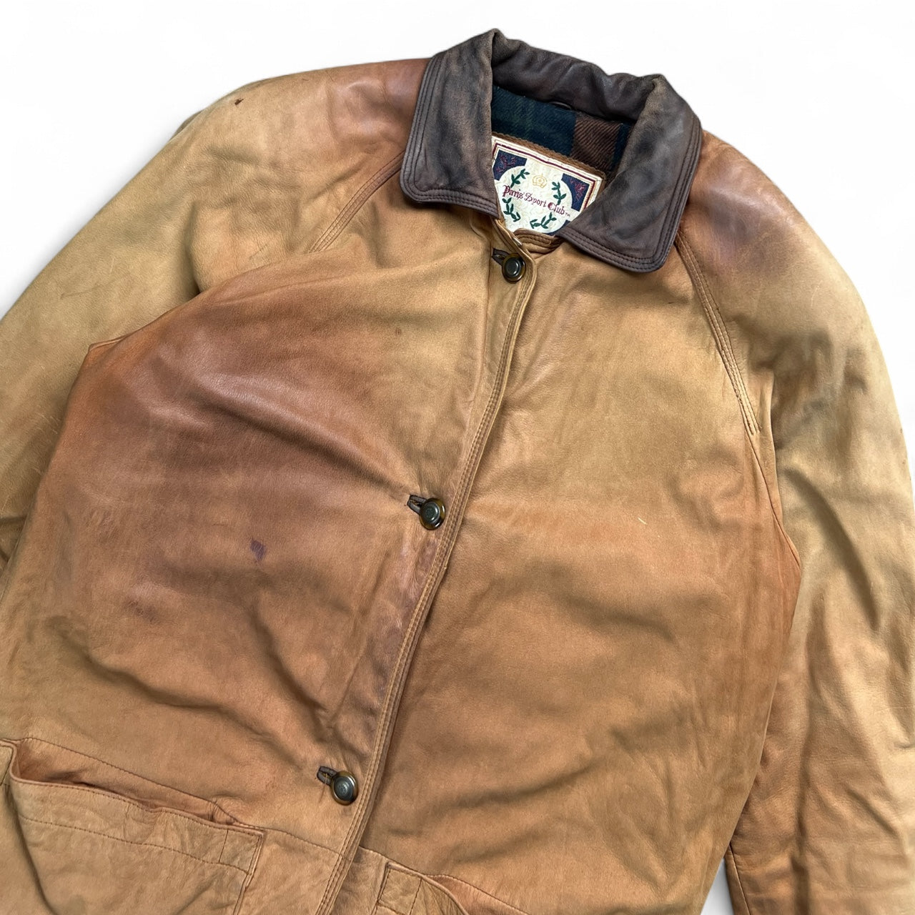 90s Paris Sports Club Brown Leather Chore Jacket Barn Coat Flannel Lined Men’s Small