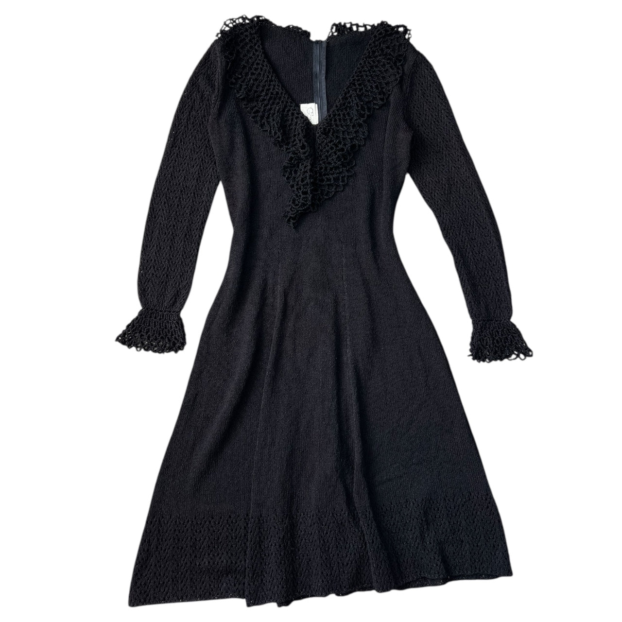 Vintage Gianna Knits Black Crochet Dress Ruffles Women’s Large Talon Zipper