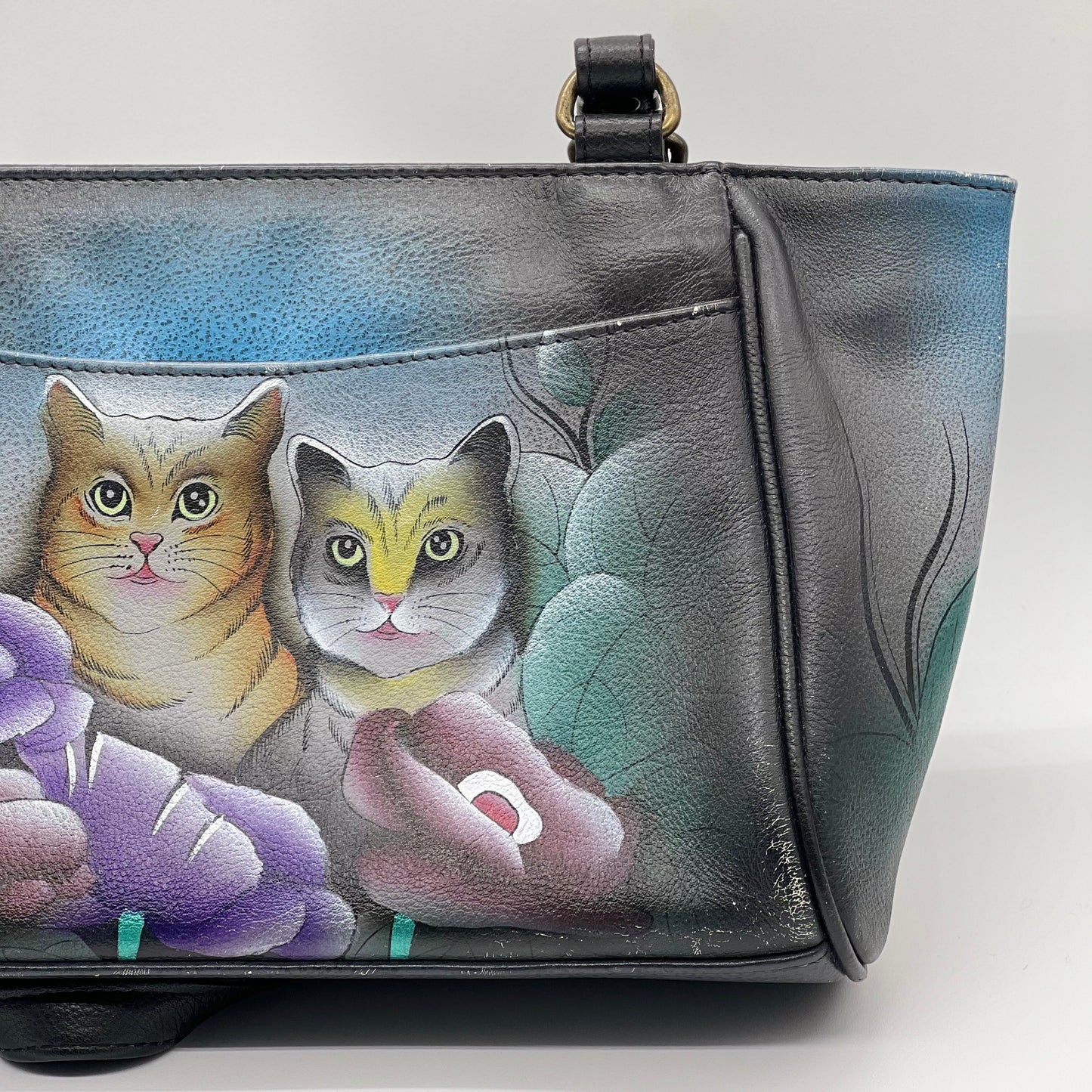 Anna by Anuschka Hand Painted Floral Cat Pebbled Leather Shoulder Tote