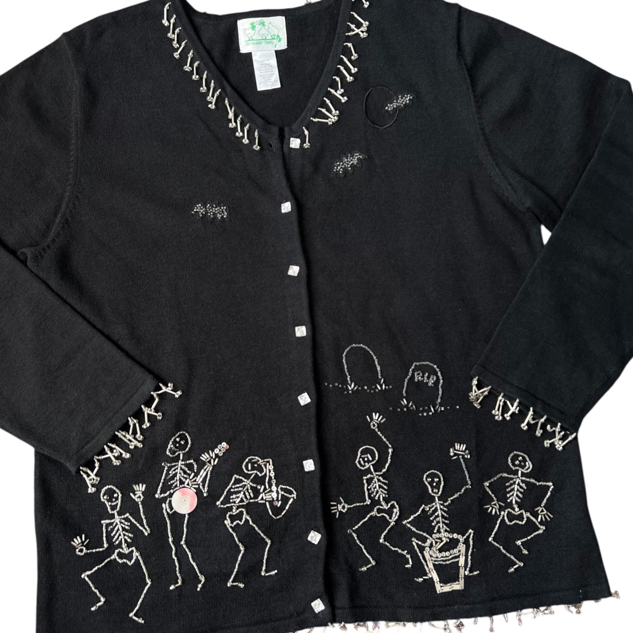 Vintage The Quacker Factory Dancing Skeletons Ugly Halloween Sweater Cardigan Women’s Large Beaded Sequin Mesh