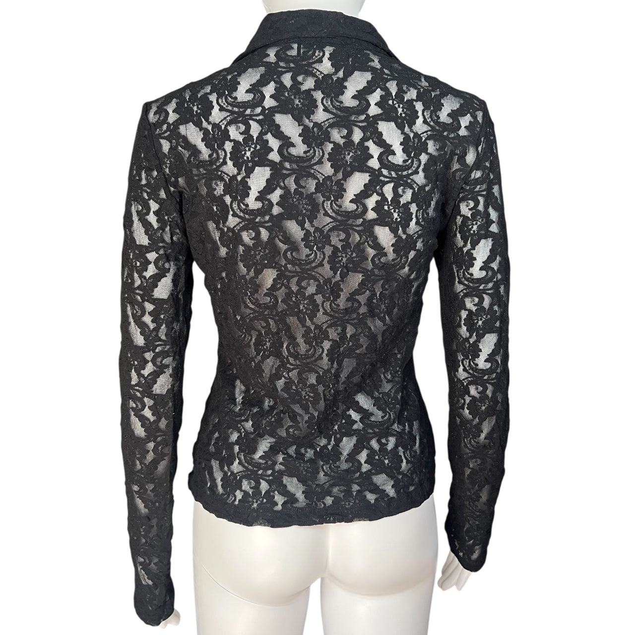90s Eye Candy Sheer Black Floral Lace Longsleeve Button Up Shirt Women’s Med Made in USA