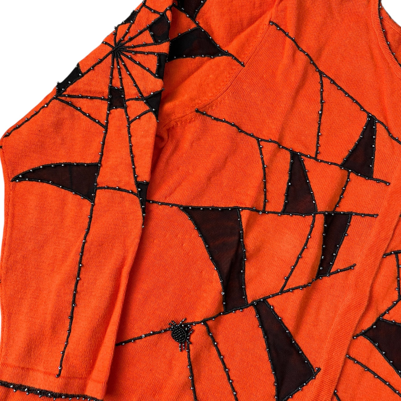 NWT Vintage The Quacker Factory Orange Beaded Spiderweb Ugly Sweater Cardigan Women’s Large Mesh
