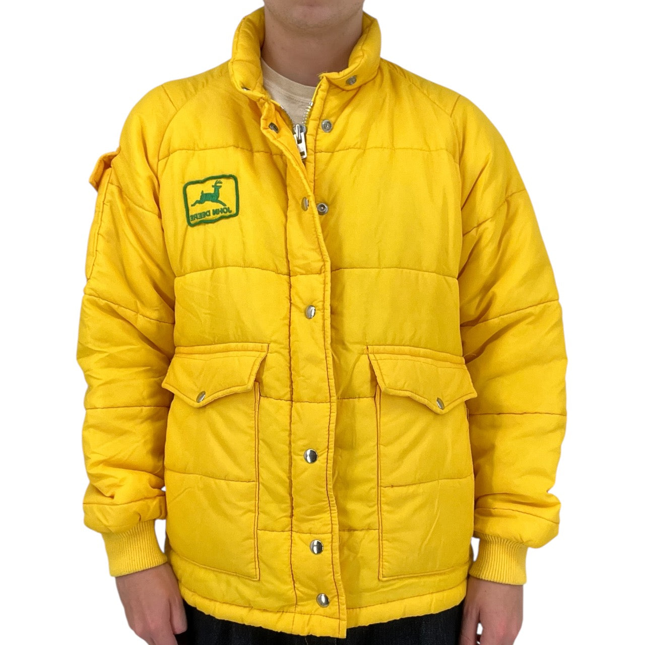 Vintage 80s John Deere Yellow Puffer Parka Trench Jacket Men’s M/L Made in USA