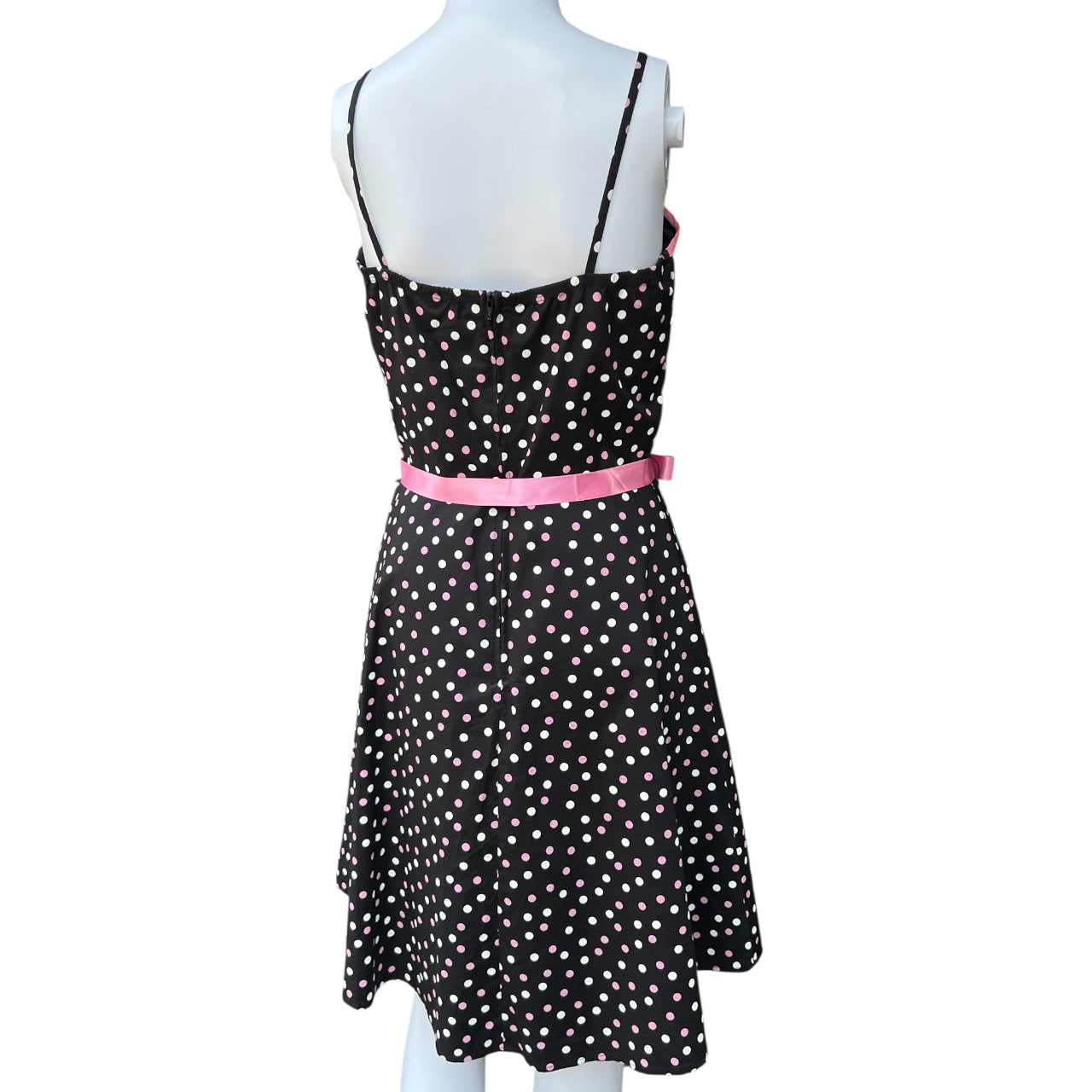 90s Pulse Black Pink Polka Dot A-line Dress Ribbon Waist Tie Women’s Large