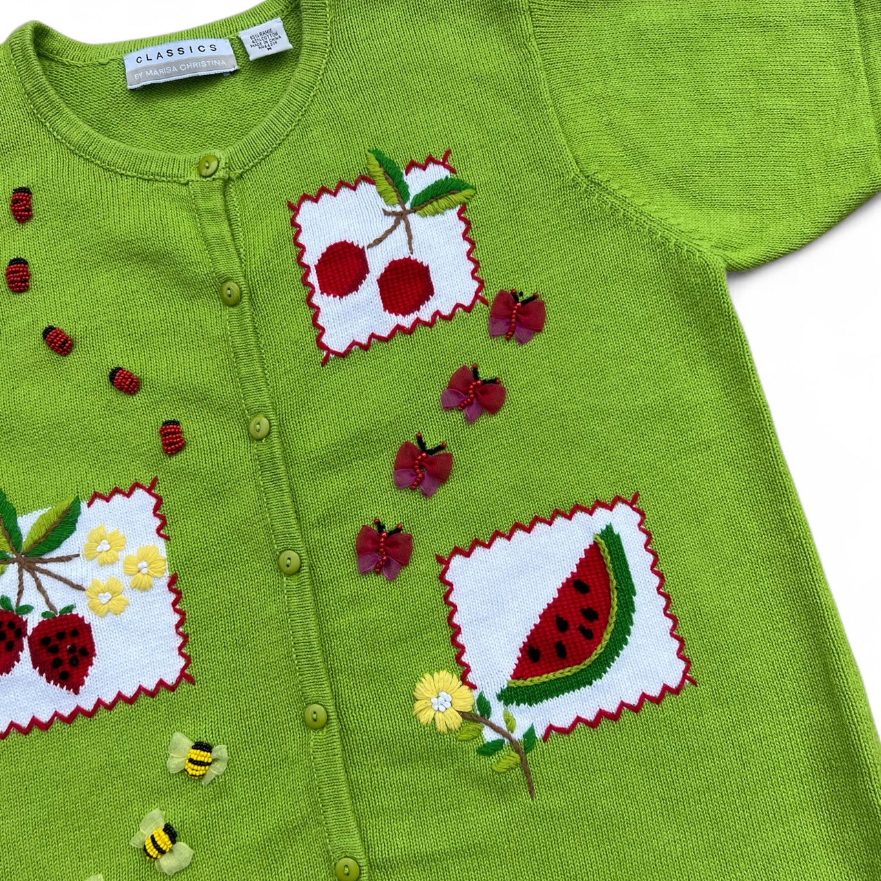 90s Marisa Christina Floral Beaded Fruit 3D Cardigan Women’s Med Cherries Watermelon Strawberry Ladybug Butterfly Bee