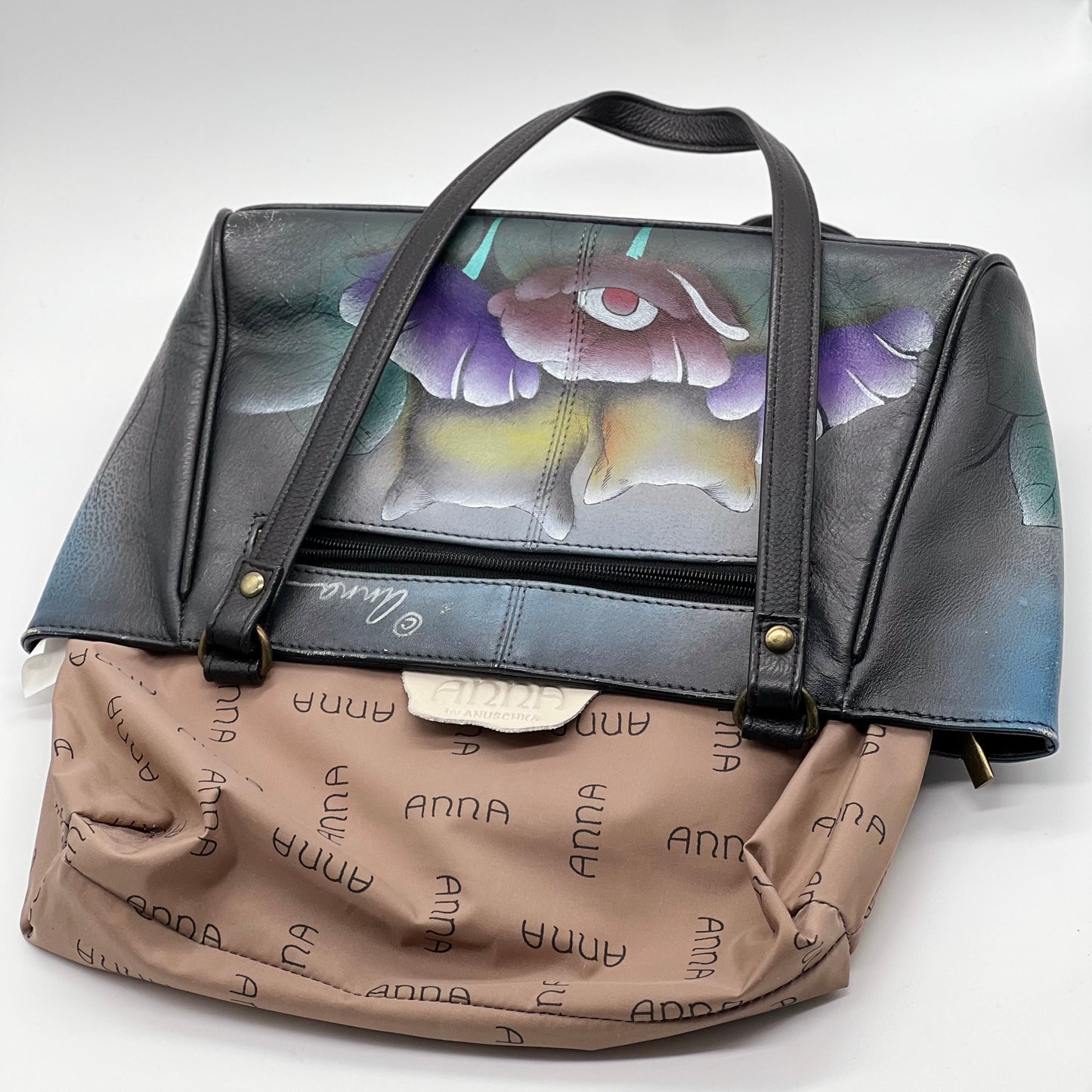 Anna by Anuschka Hand Painted Floral Cat Pebbled Leather Shoulder Tote