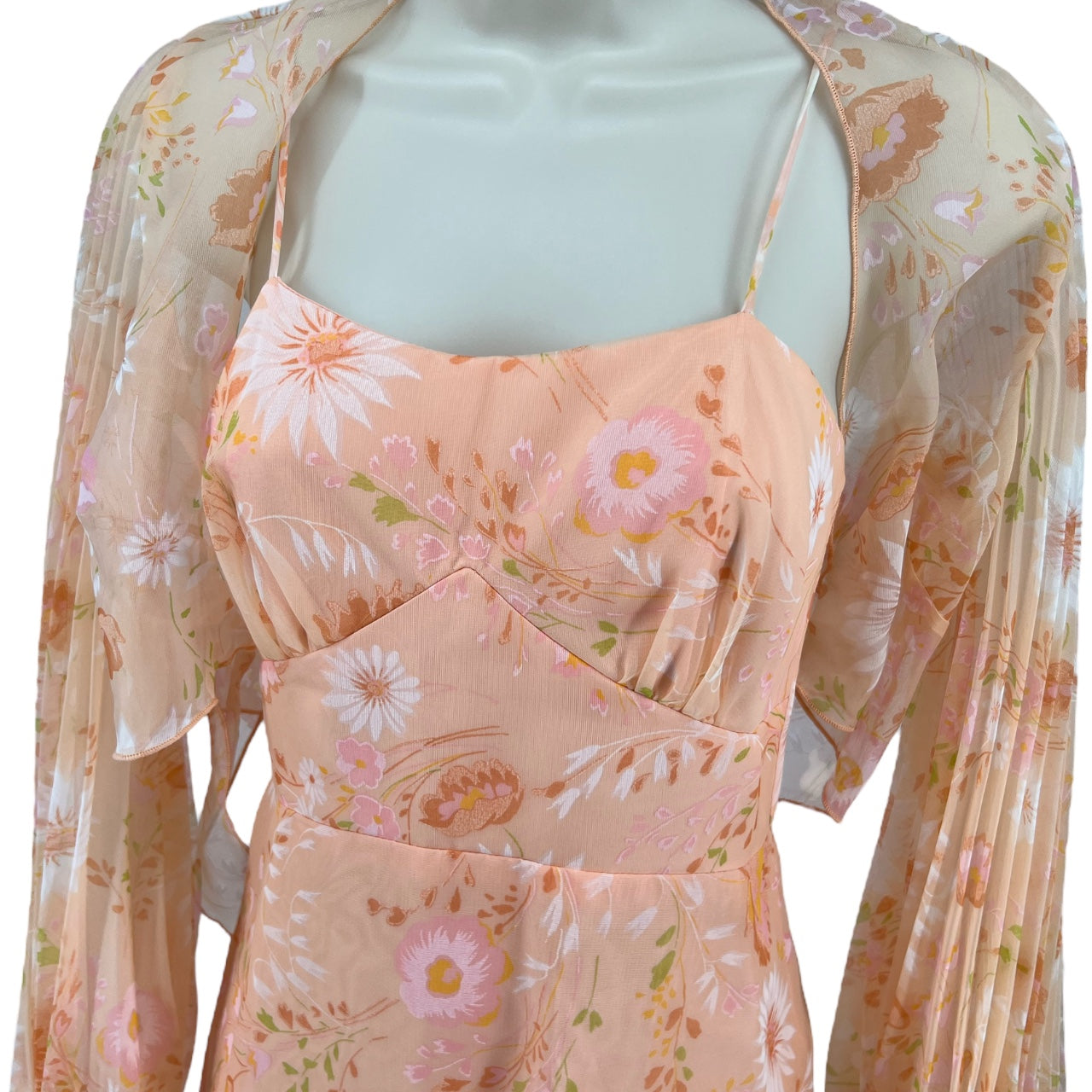 Vintage 1970s Union Made Peach Floral Maxi Dress Matching Bolero Jacket Pastel Orange Sundress 7