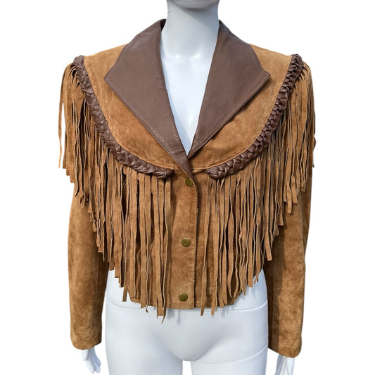 80s 90s Leather Gallery Western Suede Cropped Jacket Fringed Braided Trim Women’s Medium
