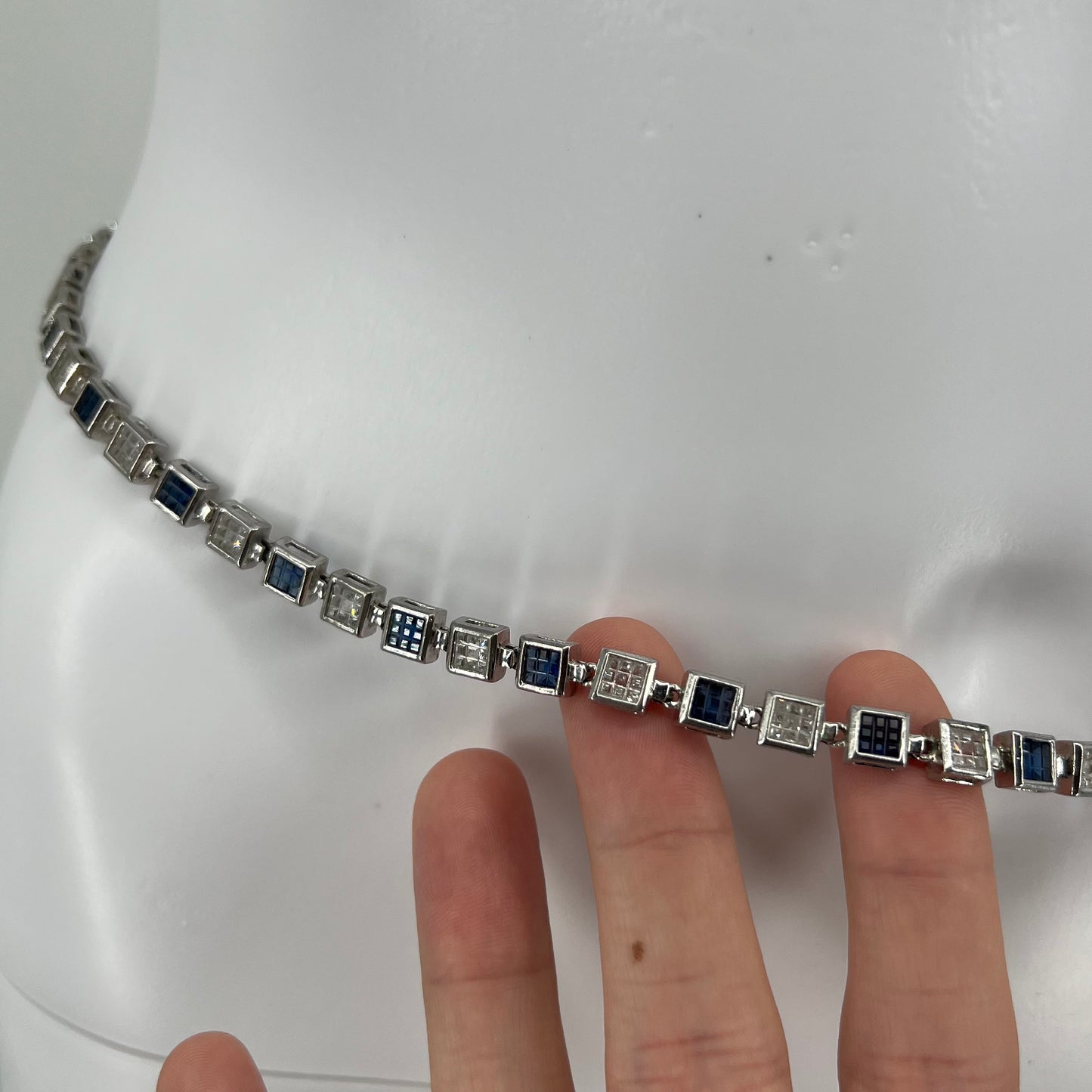 Vintage 925 Sterling Silver Waist Chain Belt Blue / Clear Faux Gemstones 37” 74g