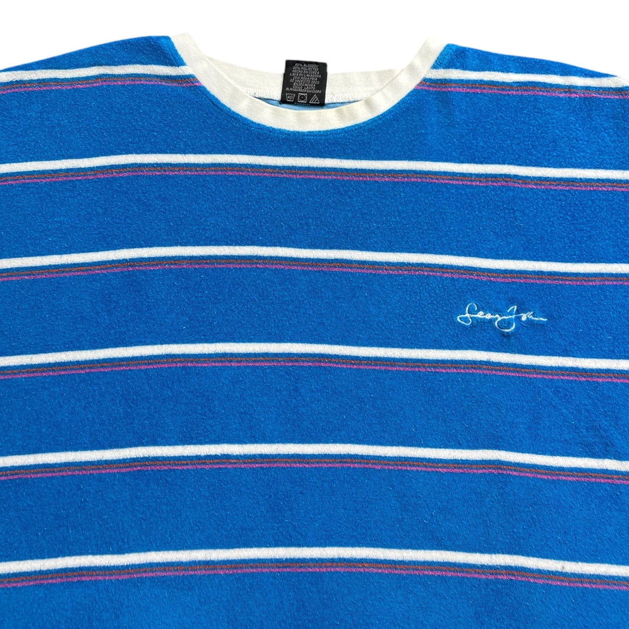 Vintage Y2K Sean John Blue Striped Towel Terry Cloth Baggy Crewneck T-Shirt Embroidered Men’s 3XL