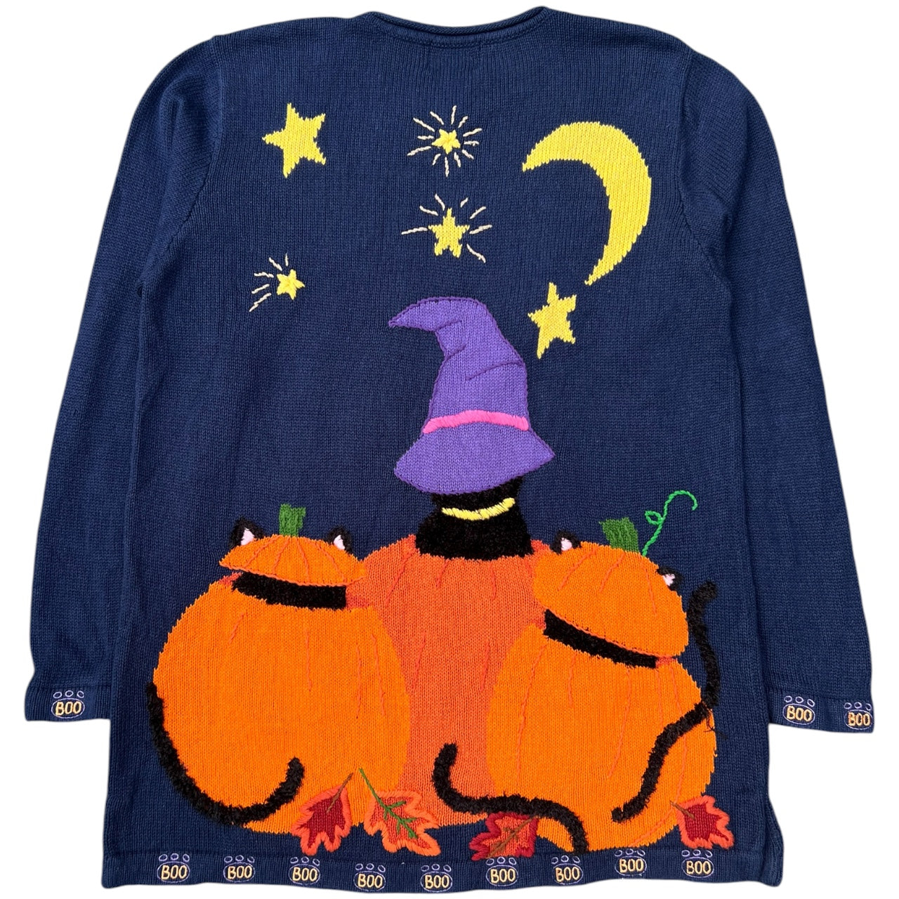 90s Quacker Factory 3D Knit Halloween Ugly Sweater Black Cat Pumpkin Jack-O-Lantern Women’s Large