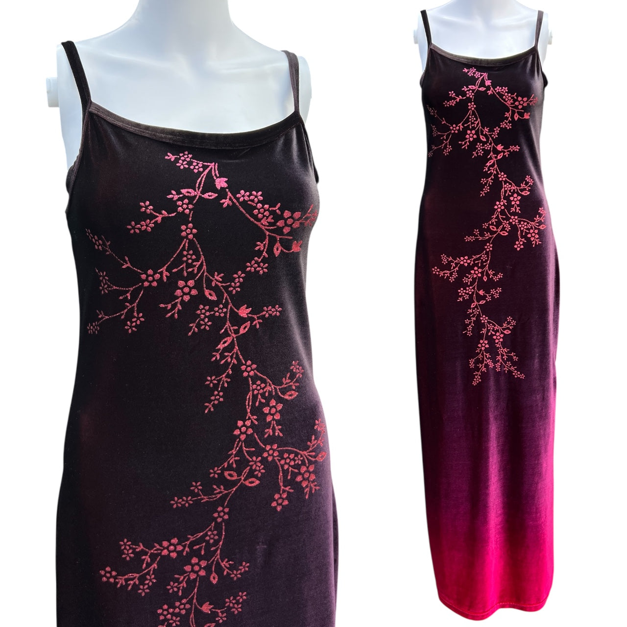 90s Candy Rocket Velvet Ombré Maxi Dress Cascading Floral Glitter Women’s Med Made in USA