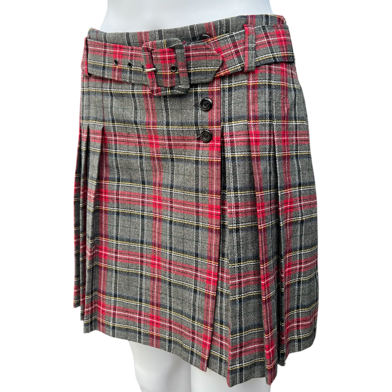 90s 579 Gray Plaid Pleated Mini Skirt Belted Women’s 7 Made in USA