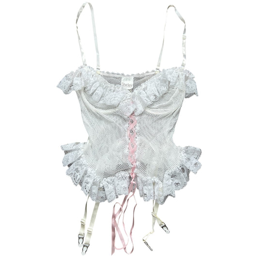 Vintage Shirley of Hollywood Mesh Lace Up Corset Bustier Ribbon Lace Garter Straps Women’s Large