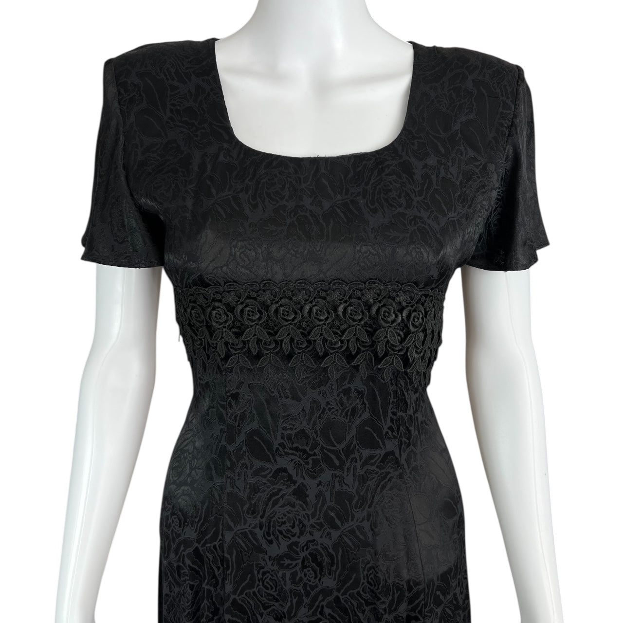 80s 90s Jody California Black Satin Jacquard Maxi Dress Criss Cross Corset Back Women’s 5 Goth Made in USA