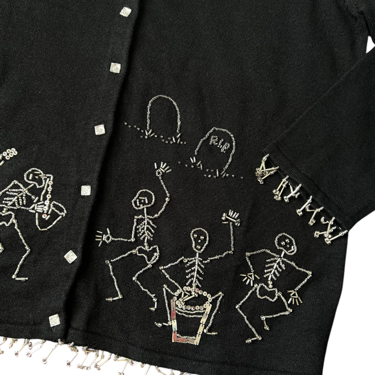 Vintage The Quacker Factory Dancing Skeletons Ugly Halloween Sweater Cardigan Women’s Large Beaded Sequin Mesh